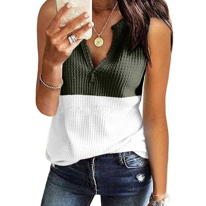Women's Colour-Block V-Neck Sleeveless Waffle-Knit Top