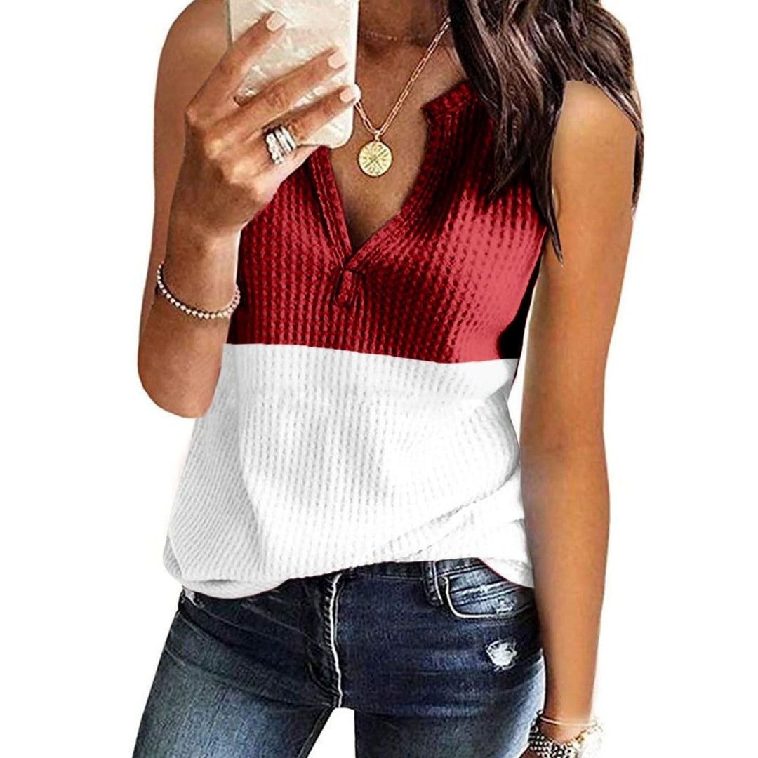 Women's Colour-Block V-Neck Sleeveless Waffle-Knit Top