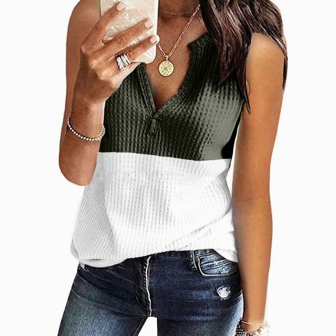 Women's Colour-Block V-Neck Sleeveless Waffle-Knit Top - Green