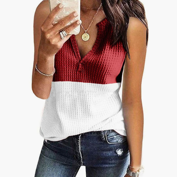 Women's Colour-Block V-Neck Sleeveless Waffle-Knit Top - Red