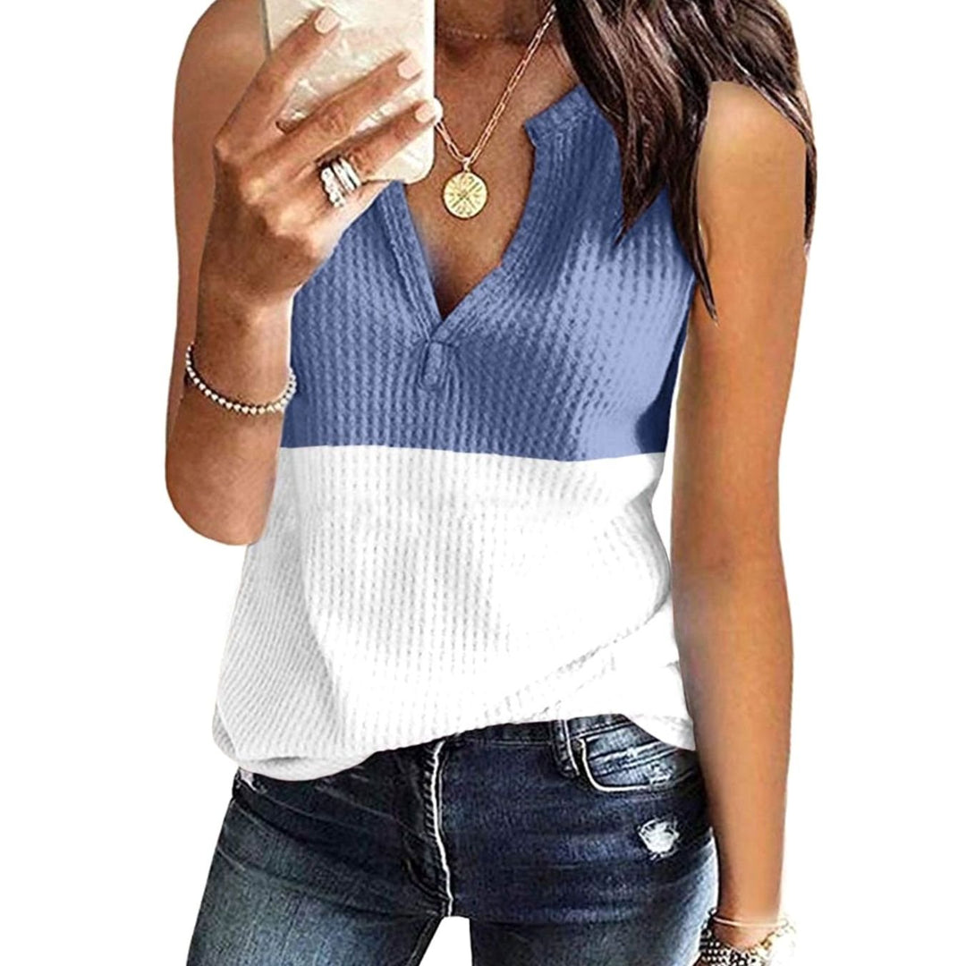 Women's Colour-Block V-Neck Sleeveless Waffle-Knit Top - Sky Blue