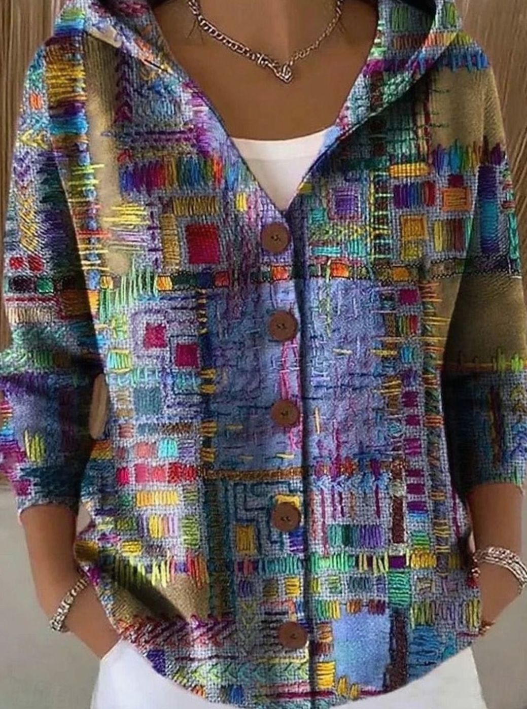 Women's Colourful Patchwork Print Hooded Button Cardigan - Purple