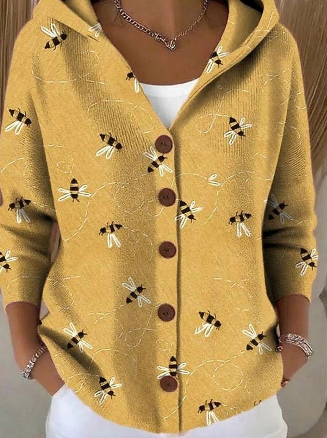 Women's Colourful Patchwork Print Hooded Button Cardigan - Yellow