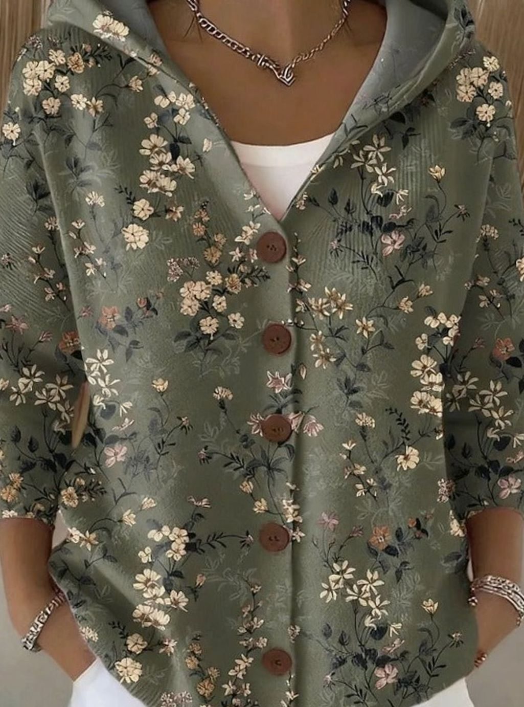 Women's Colourful Patchwork Print Hooded Button Cardigan - Dark Green