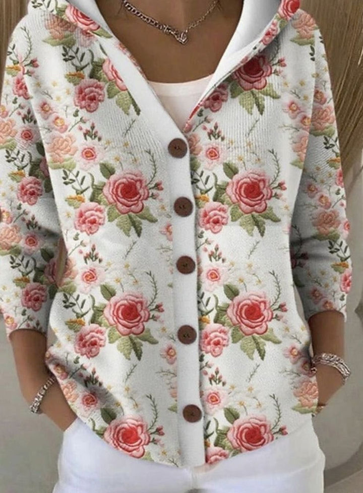Women's Colourful Patchwork Print Hooded Button Cardigan - Floral White