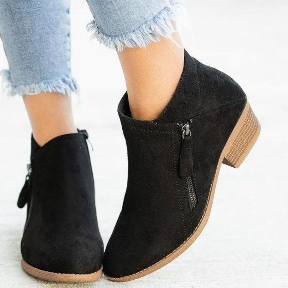 Women's Comfortable Black Suede Ankle Boots Chunky Block Heel - Black