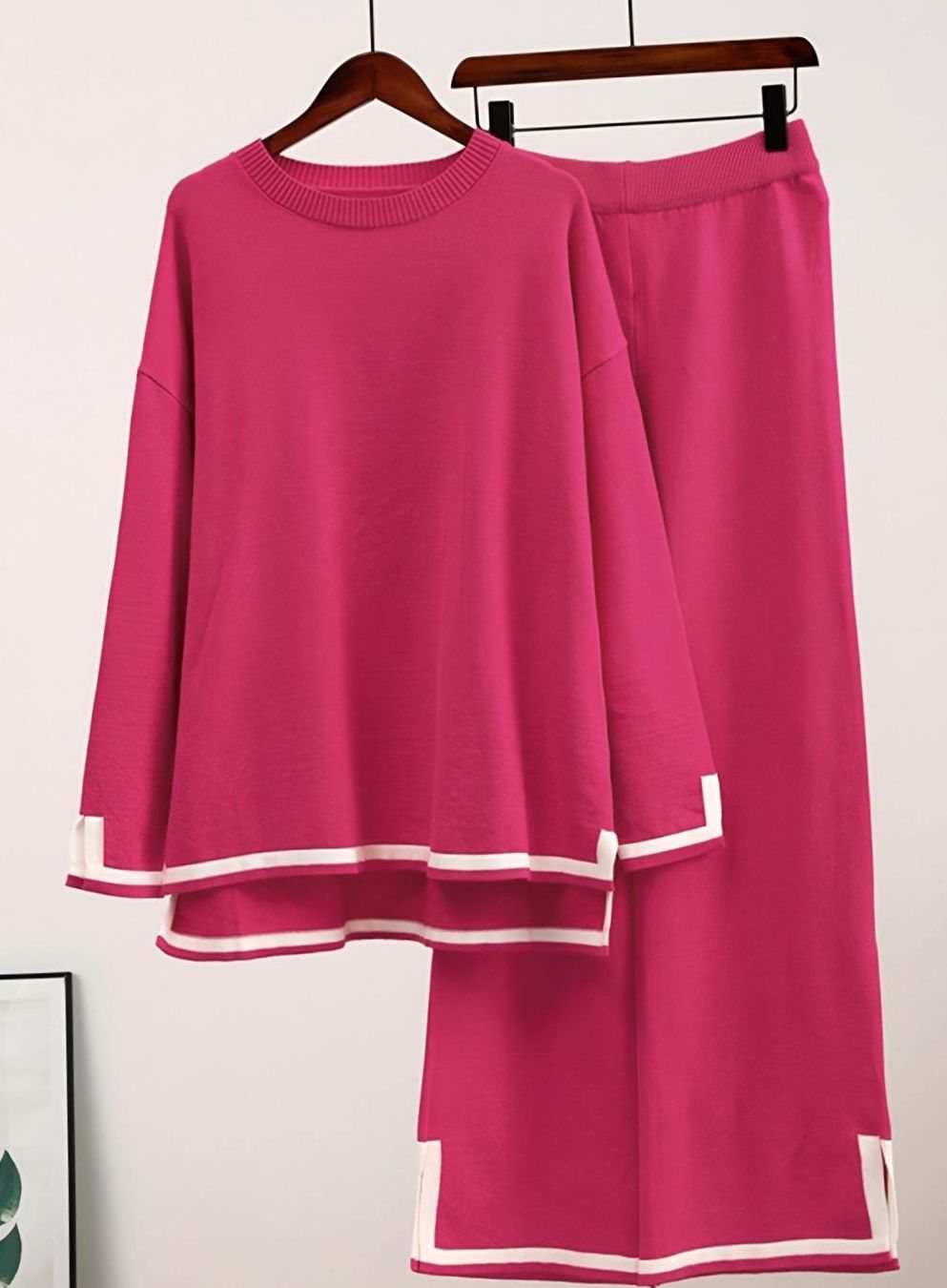 Women's Contrast Trim Side-Split Knit Loungewear Two-Piece Set