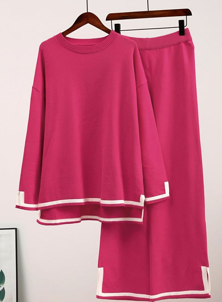 Women's Contrast Trim Side-Split Knit Loungewear Two-Piece Set