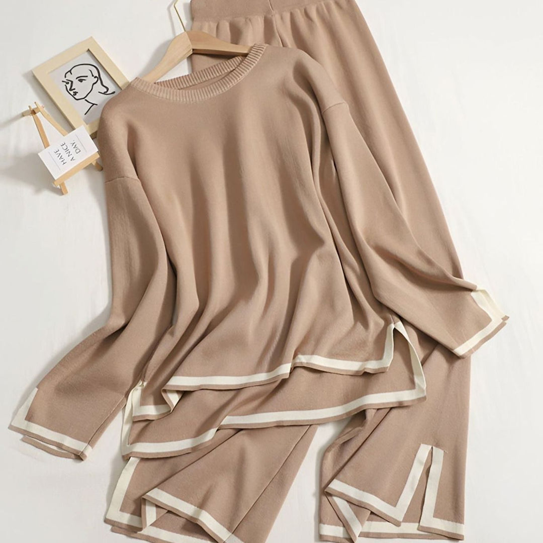 Women's Contrast Trim Side-Split Knit Loungewear Two-Piece Set - Camel