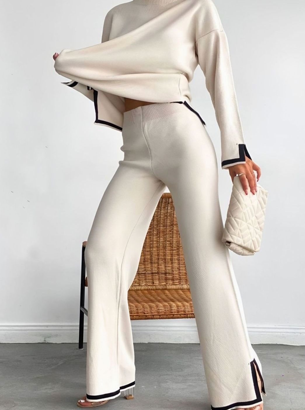 Women's Contrast Trim Side-Split Knit Loungewear Two-Piece Set - White