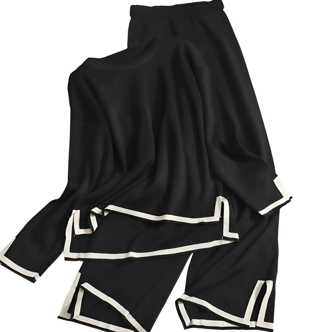 Women's Contrast Trim Side-Split Knit Loungewear Two-Piece Set - Black