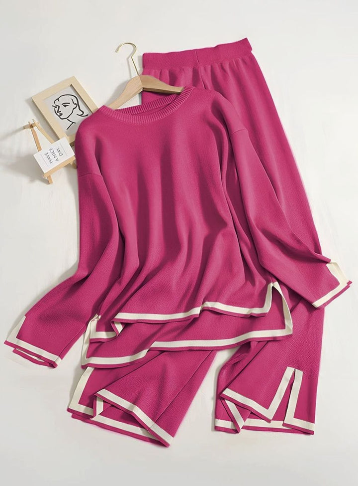 Women's Contrast Trim Side-Split Knit Loungewear Two-Piece Set - Pink