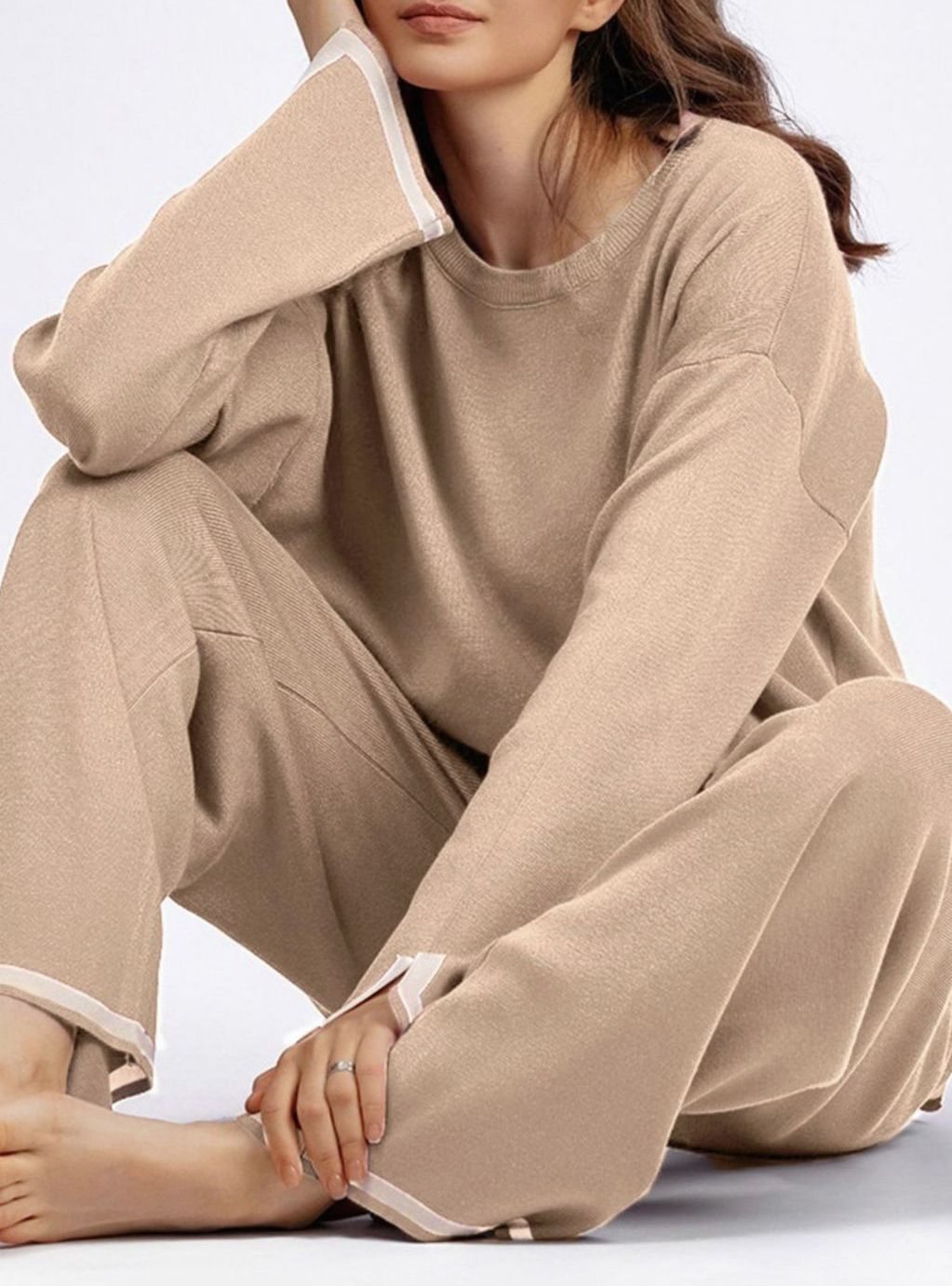 Women's Contrast Trim Side-Split Knit Loungewear Two-Piece Set