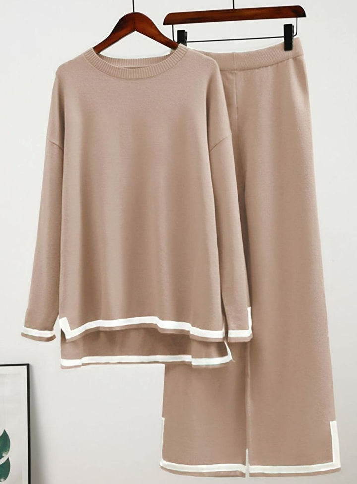 Women's Contrast Trim Side-Split Knit Loungewear Two-Piece Set