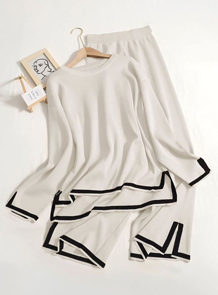 Women's Contrast Trim Side-Split Knit Loungewear Two-Piece Set