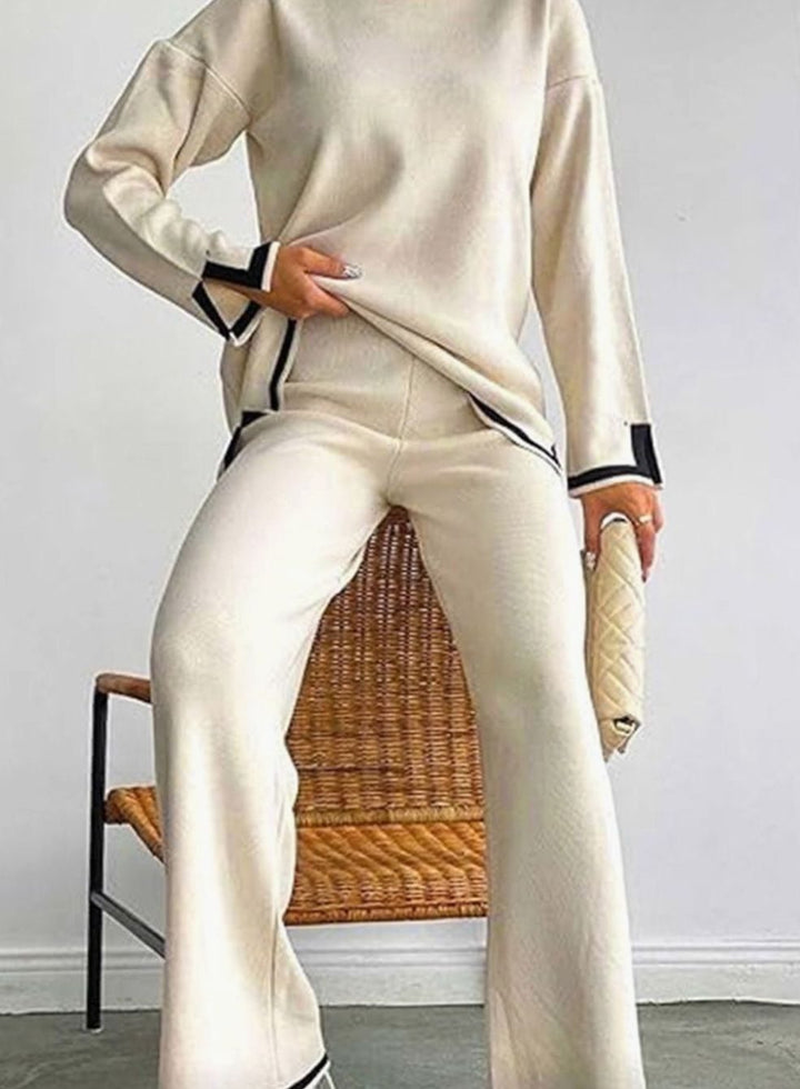 Women's Contrast Trim Side-Split Knit Loungewear Two-Piece Set