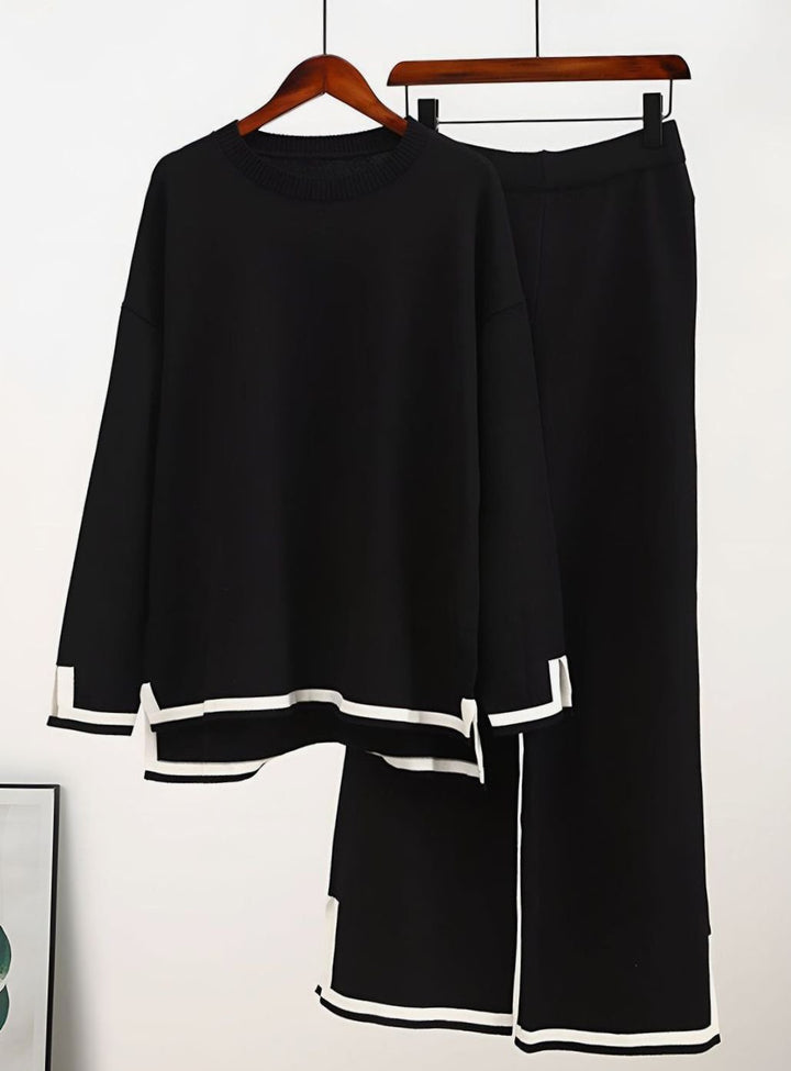Women's Contrast Trim Side-Split Knit Loungewear Two-Piece Set