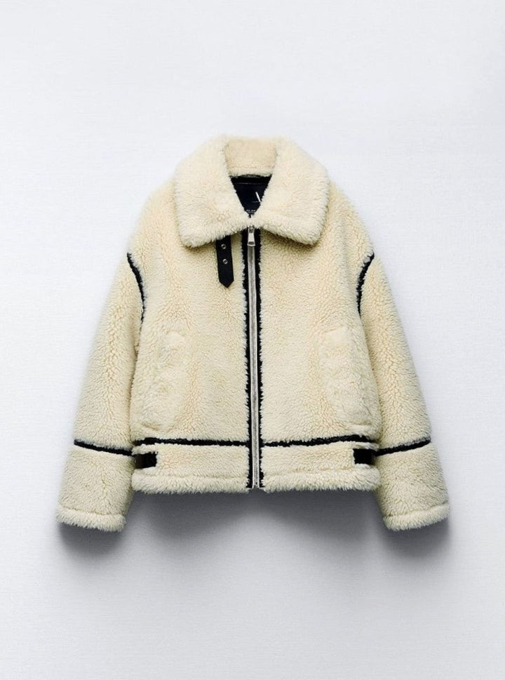 Women's Contrast-Trim Teddy Fleece Zip-Up Biker Jacket