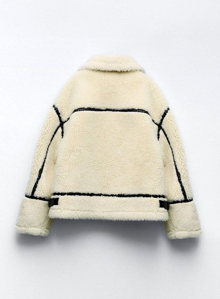 Women's Contrast-Trim Teddy Fleece Zip-Up Biker Jacket