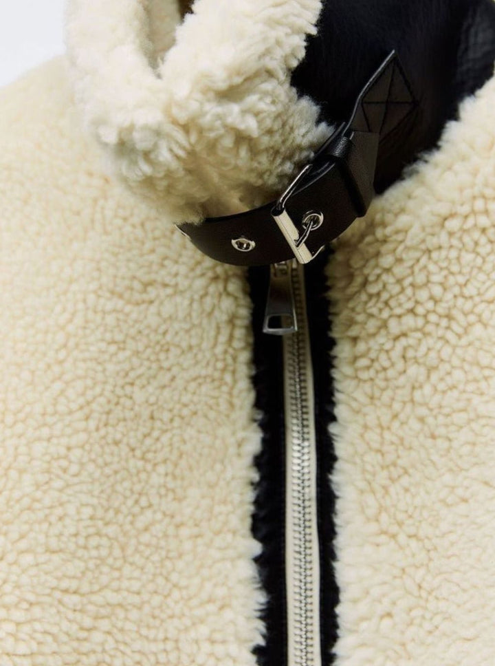 Women's Contrast-Trim Teddy Fleece Zip-Up Biker Jacket