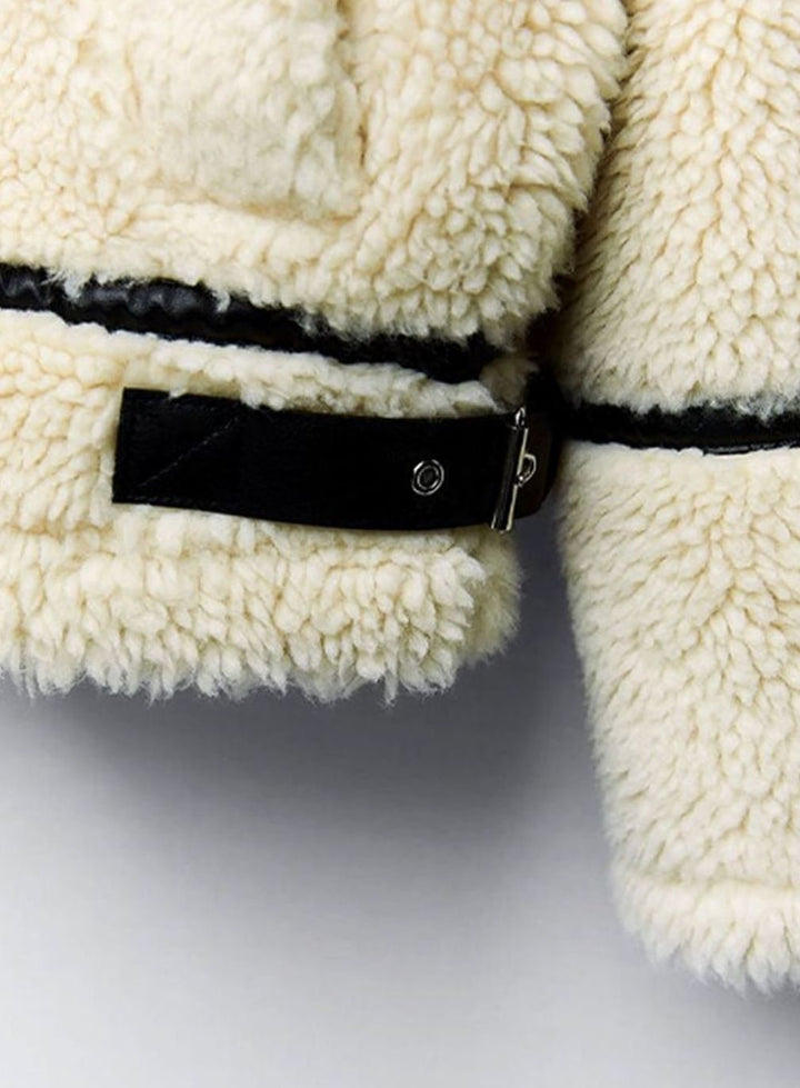 Women's Contrast-Trim Teddy Fleece Zip-Up Biker Jacket