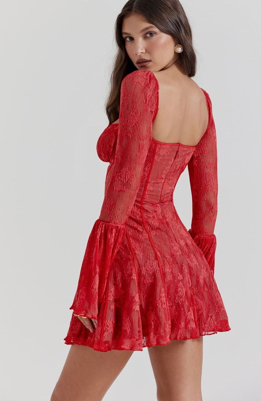 Women's Corset-Bust Long Bell-Sleeve Mini Party Dress