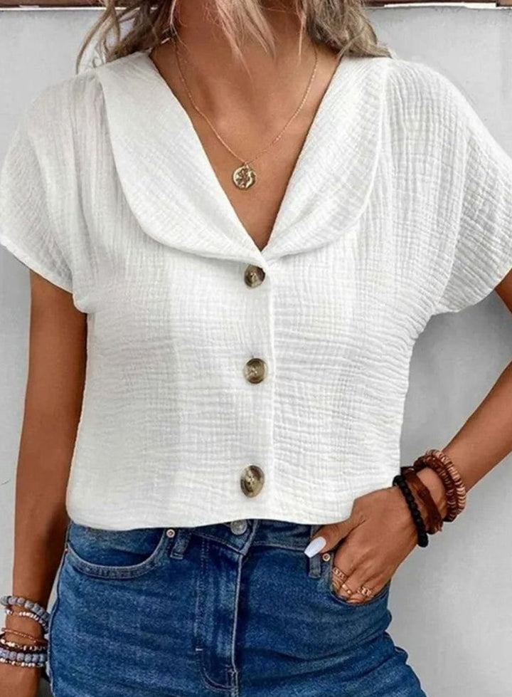 Women's Cotton Blend Sailor-Collar Button-Front Cropped Blouse