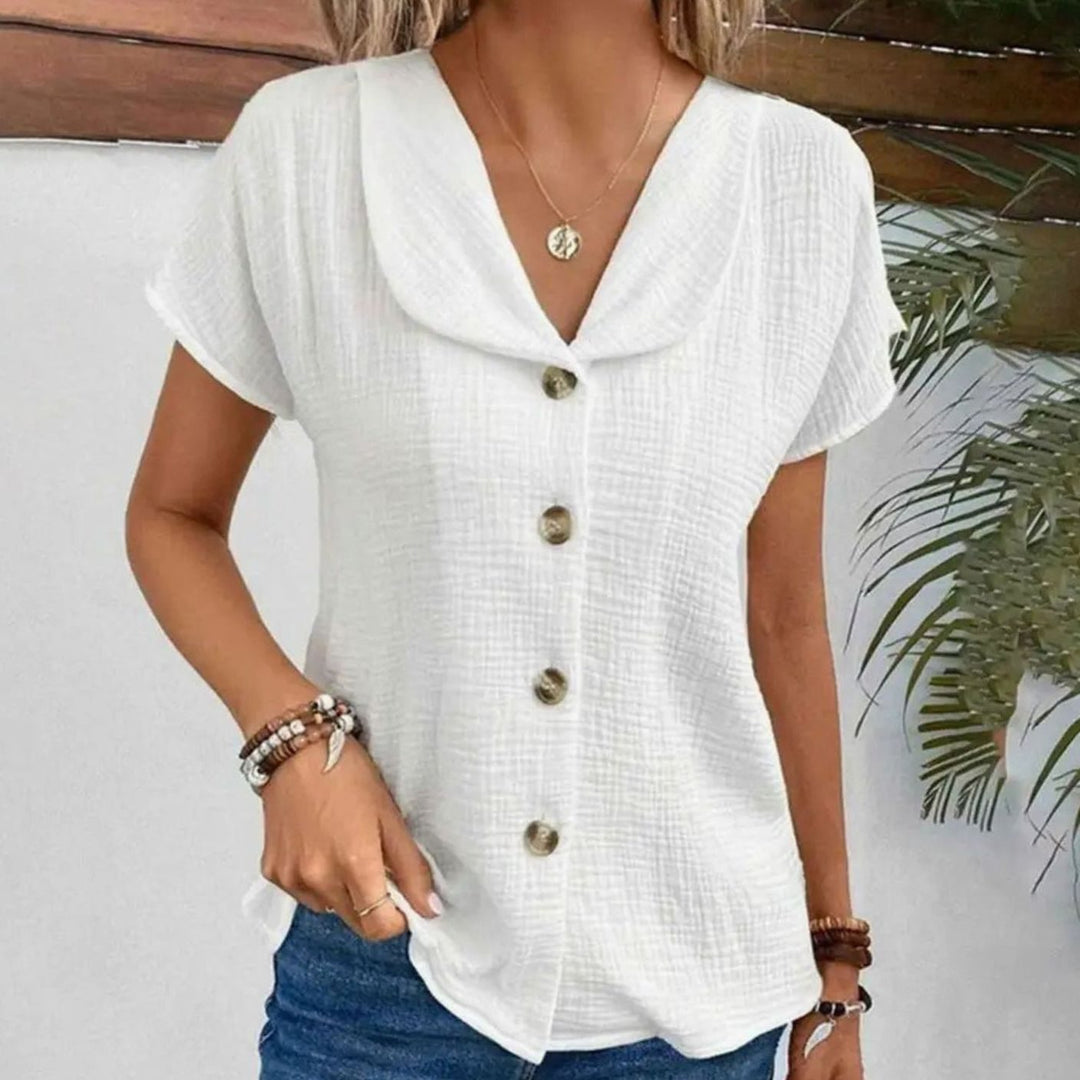Women's Cotton Blend Sailor-Collar Button-Front Cropped Blouse - White
