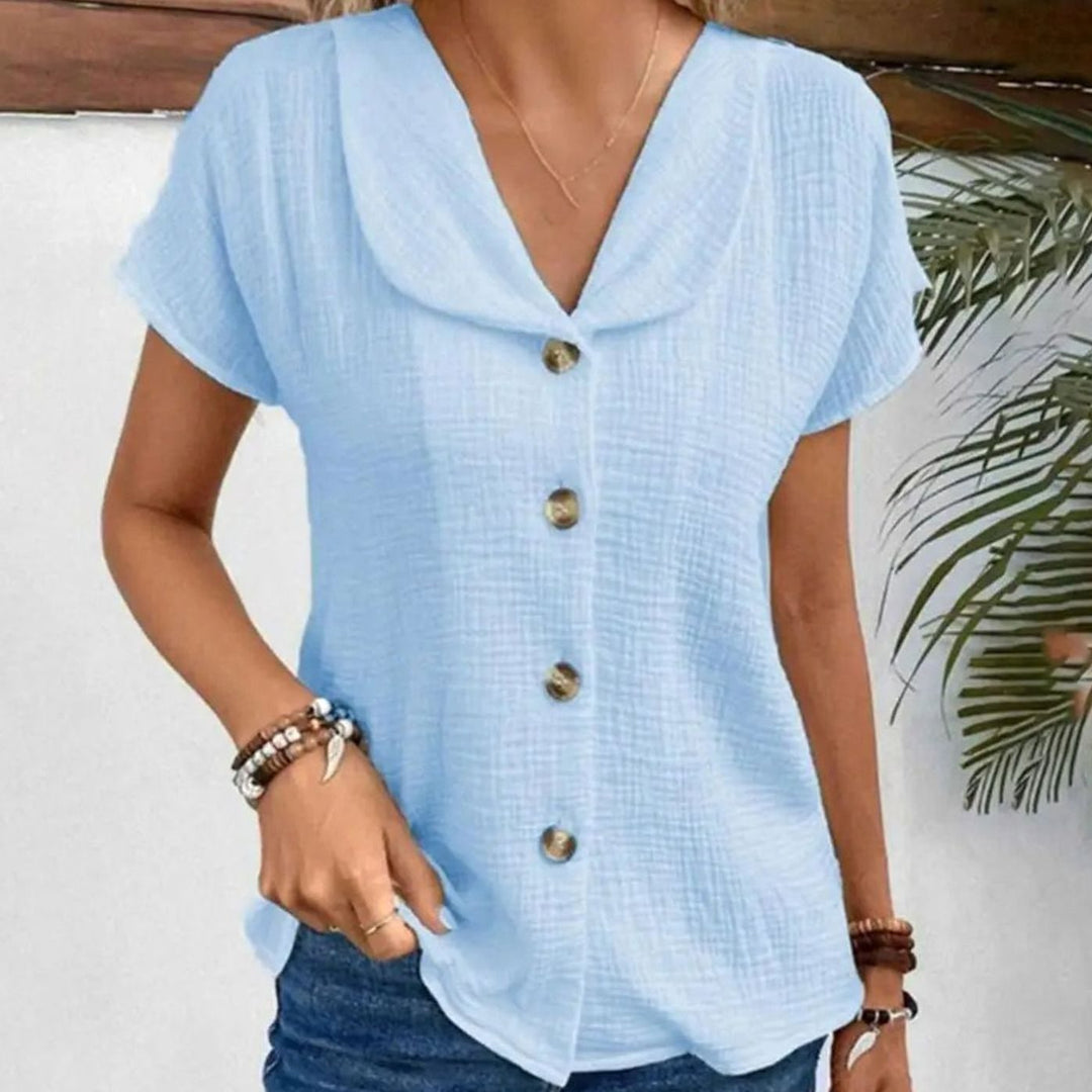 Women's Cotton Blend Sailor-Collar Button-Front Cropped Blouse - Blue