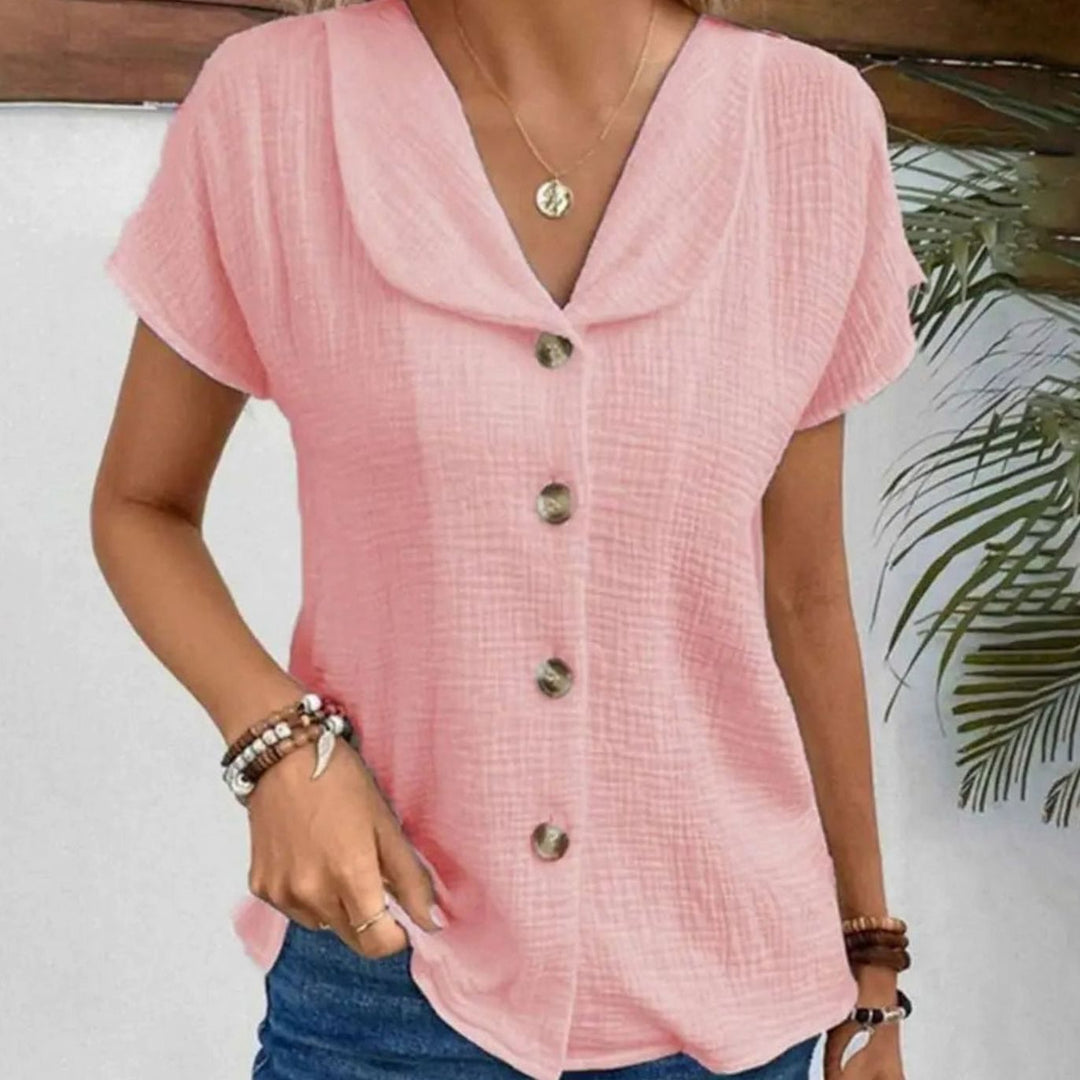 Women's Cotton Blend Sailor-Collar Button-Front Cropped Blouse - Pink