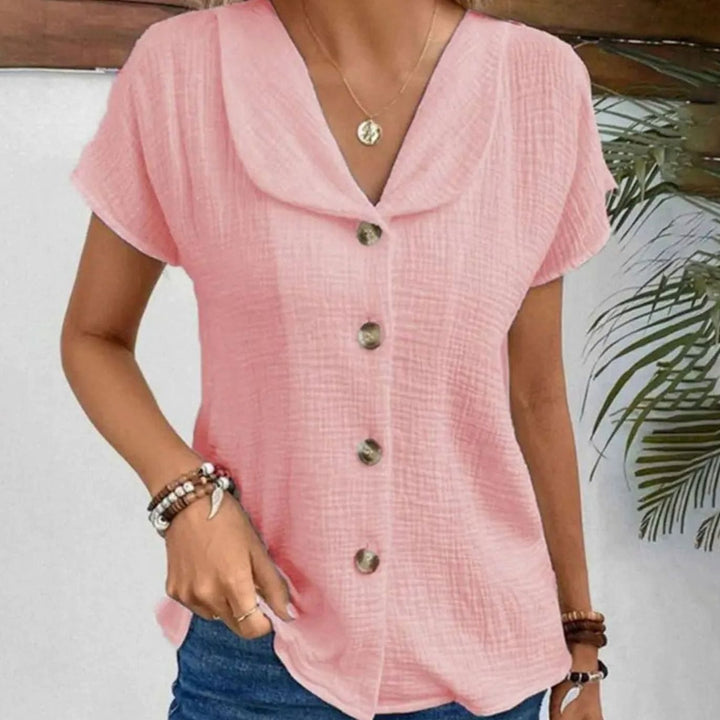 Women's Cotton Blend Sailor-Collar Button-Front Cropped Blouse - Pink