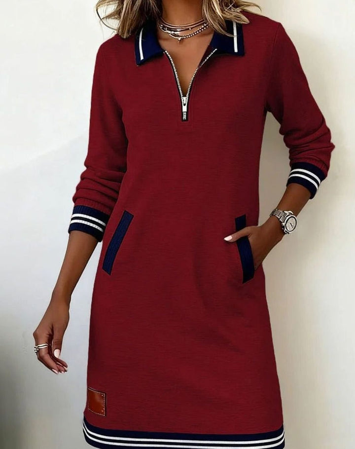 Women's Cotton Blend Straight-Cut Zip-Collar Long Sleeve Dress - Red