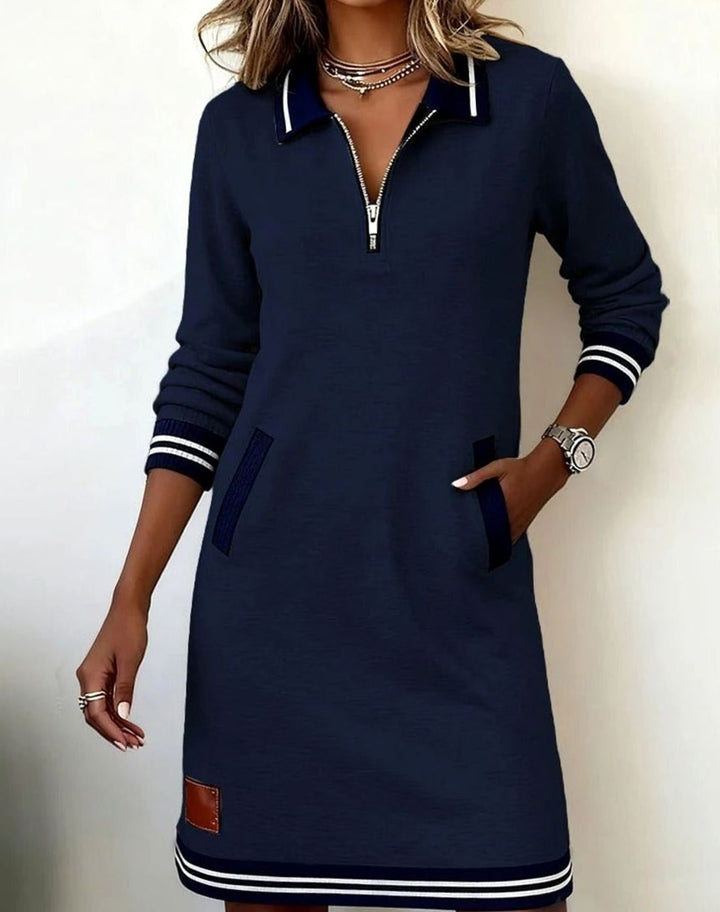 Women's Cotton Blend Straight-Cut Zip-Collar Long Sleeve Dress - Navy Blue