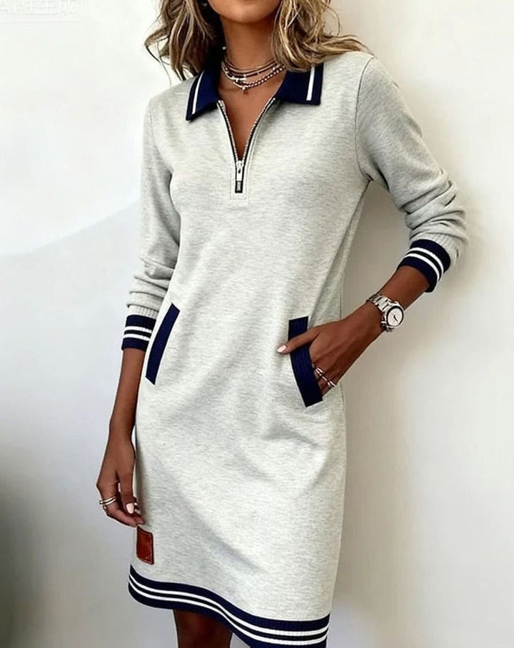 Women's Cotton Blend Straight-Cut Zip-Collar Long Sleeve Dress - Gray