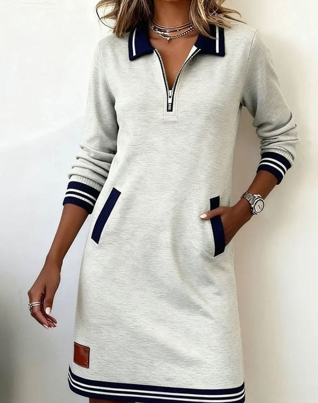 Women's Cotton Blend Straight-Cut Zip-Collar Long Sleeve Dress