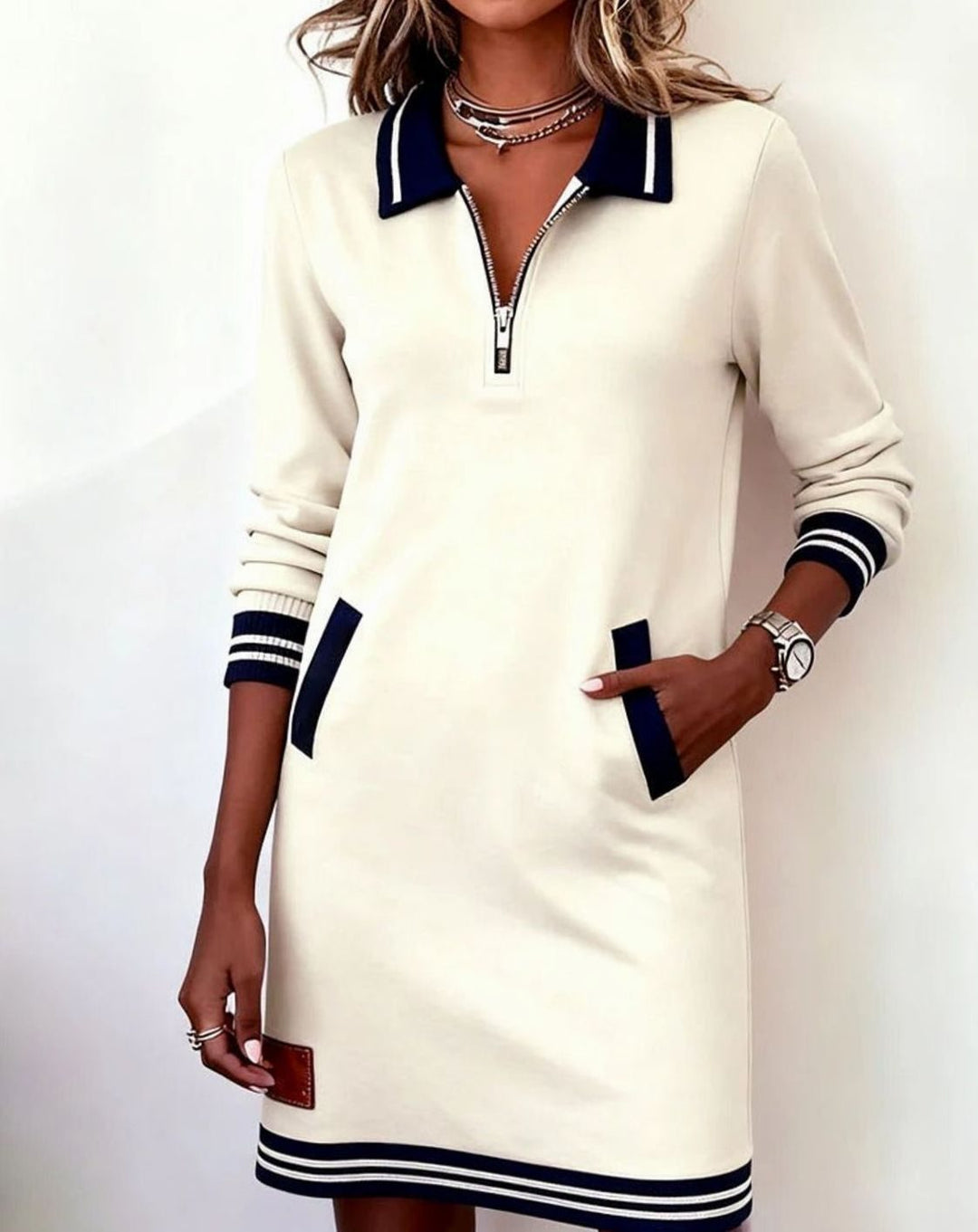 Women's Cotton Blend Straight-Cut Zip-Collar Long Sleeve Dress