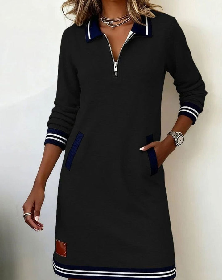 Women's Cotton Blend Straight-Cut Zip-Collar Long Sleeve Dress - Black
