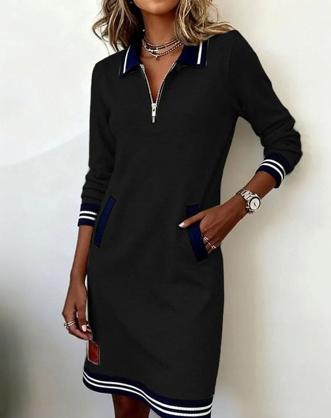 Women's Cotton Blend Straight-Cut Zip-Collar Long Sleeve Dress