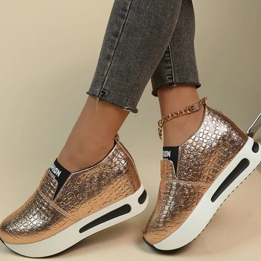 Women's Croc-Embossed Platform Slip-On Trainers Chain Detail