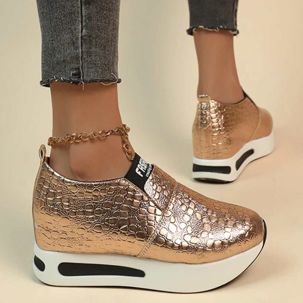 Women's Croc-Embossed Platform Slip-On Trainers Chain Detail