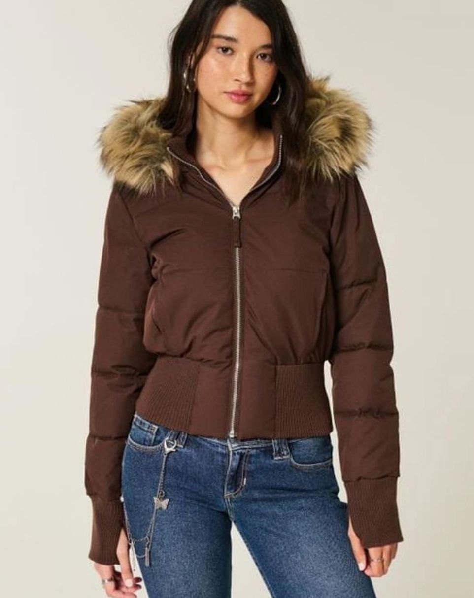 Women's Cropped Faux-Fur Hood Zip-Up Puffer Jacket - Brown