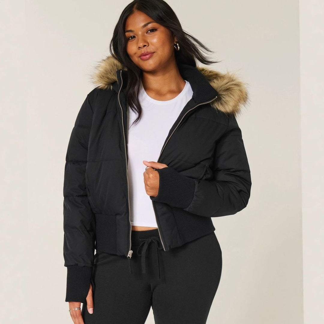 Women's Cropped Faux-Fur Hood Zip-Up Puffer Jacket