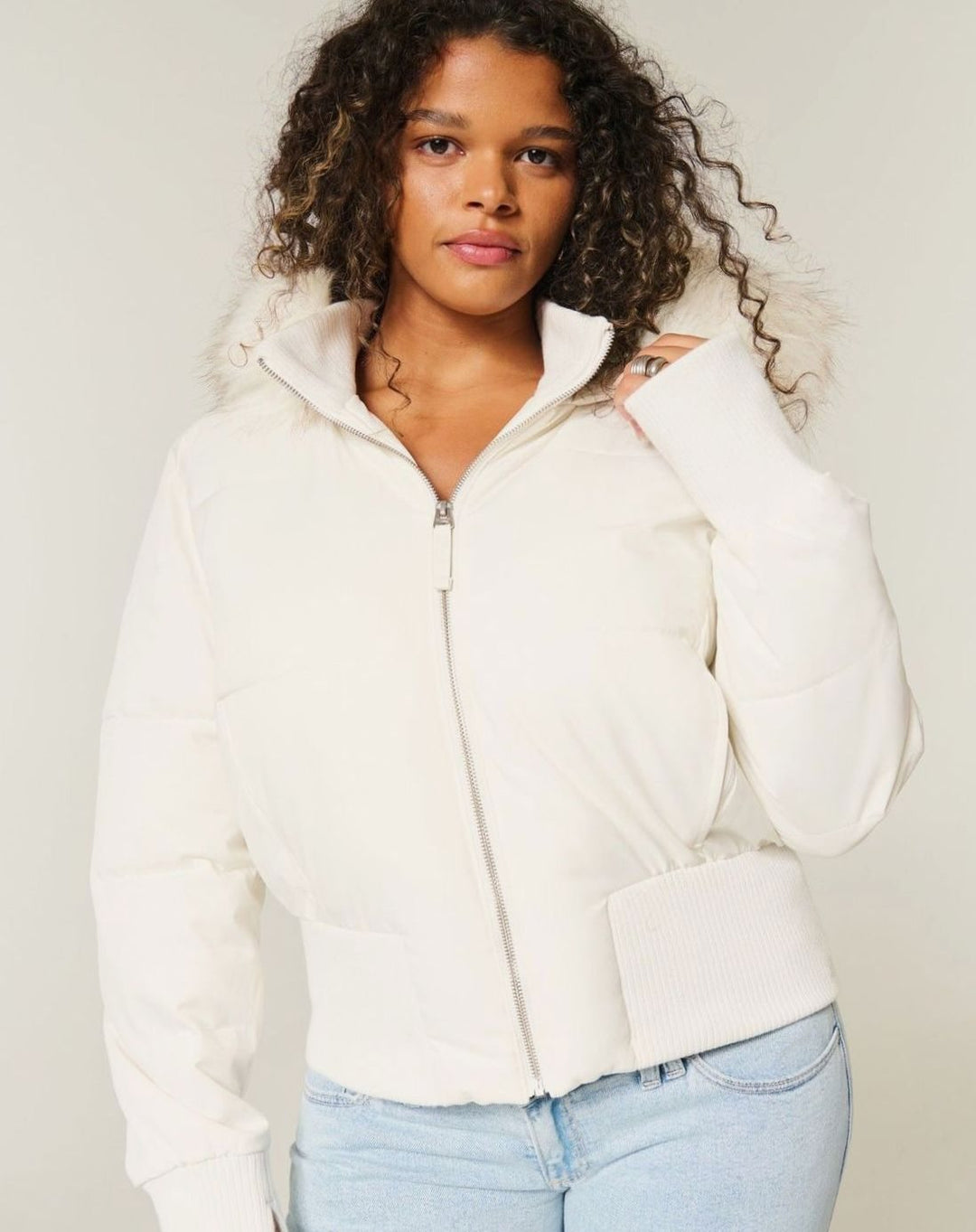 Women's Cropped Faux-Fur Hood Zip-Up Puffer Jacket - White