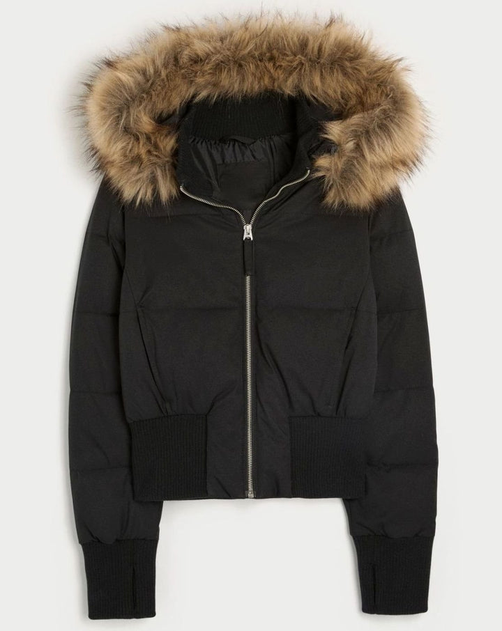 Women's Cropped Faux-Fur Hood Zip-Up Puffer Jacket - Black