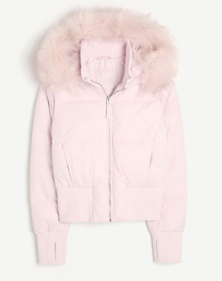 Women's Cropped Faux-Fur Hood Zip-Up Puffer Jacket - Pink