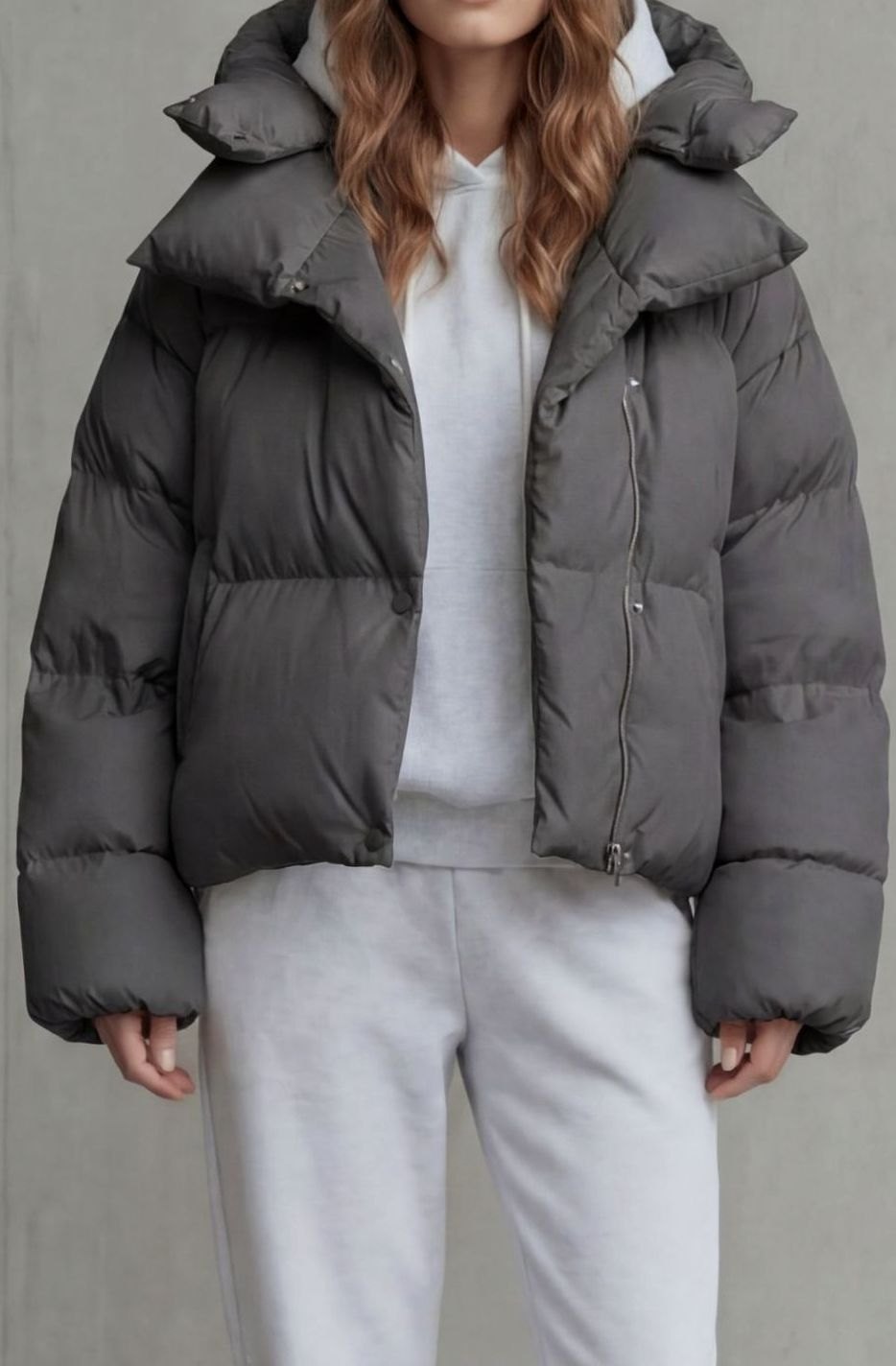 Women's Cropped Puffer Jacket Hooded Short Winter Coat - Charcoal