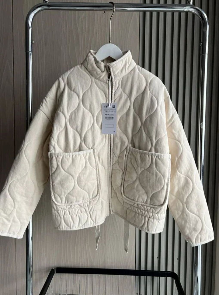 Women's Cropped Quilted Zip-Up Jacket Patch Pockets Drawstring Hem - Beige