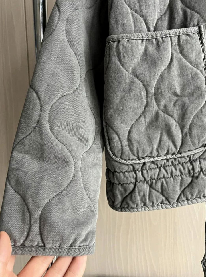 Women's Cropped Quilted Zip-Up Jacket Patch Pockets Drawstring Hem