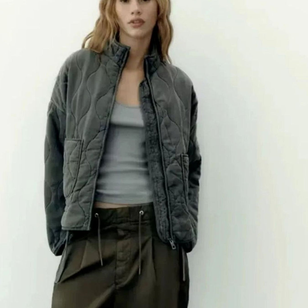 Women's Cropped Quilted Zip-Up Jacket Patch Pockets Drawstring Hem