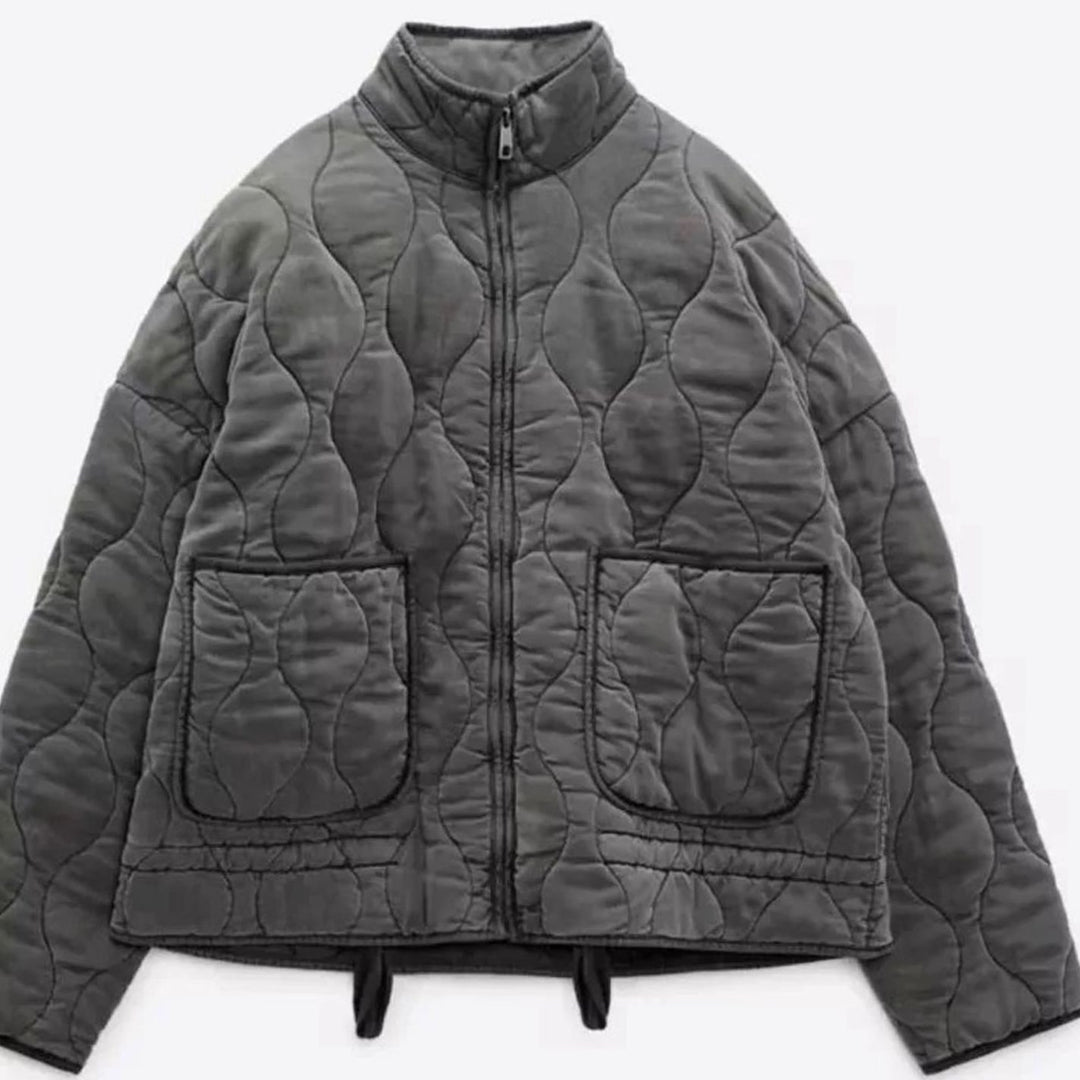 Women's Cropped Quilted Zip-Up Jacket Patch Pockets Drawstring Hem - Dark Grey